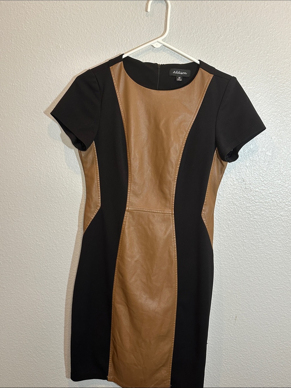Addison Black Brown Faux Leather Colorblock Sheath Dress 10